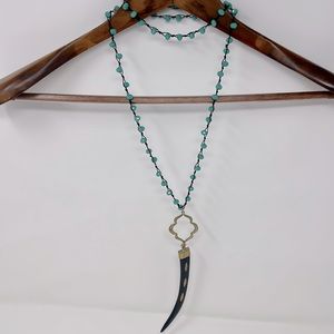 Turquoise Beaded Black Horn Gold Detail Long Necklace